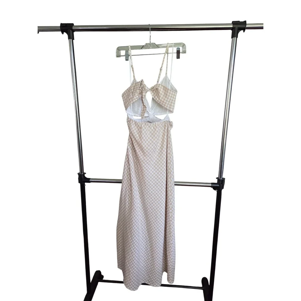 Abercrombie & Fitch Smocked Tie-Front Gingham Maxi Dress Tan Size S